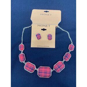 Monet Fashion Necklace and Post Earrings Red Tartan Plaid Color Tower